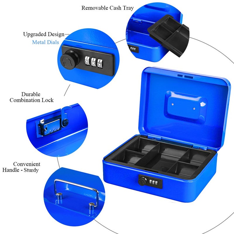 Jssmst Large Cash Box with Combination Lock â€“ Durable Metal Cash Box with Money Tray Blue(9.8 x 7.9 x 3.5), SM-CB07002L - Image 4